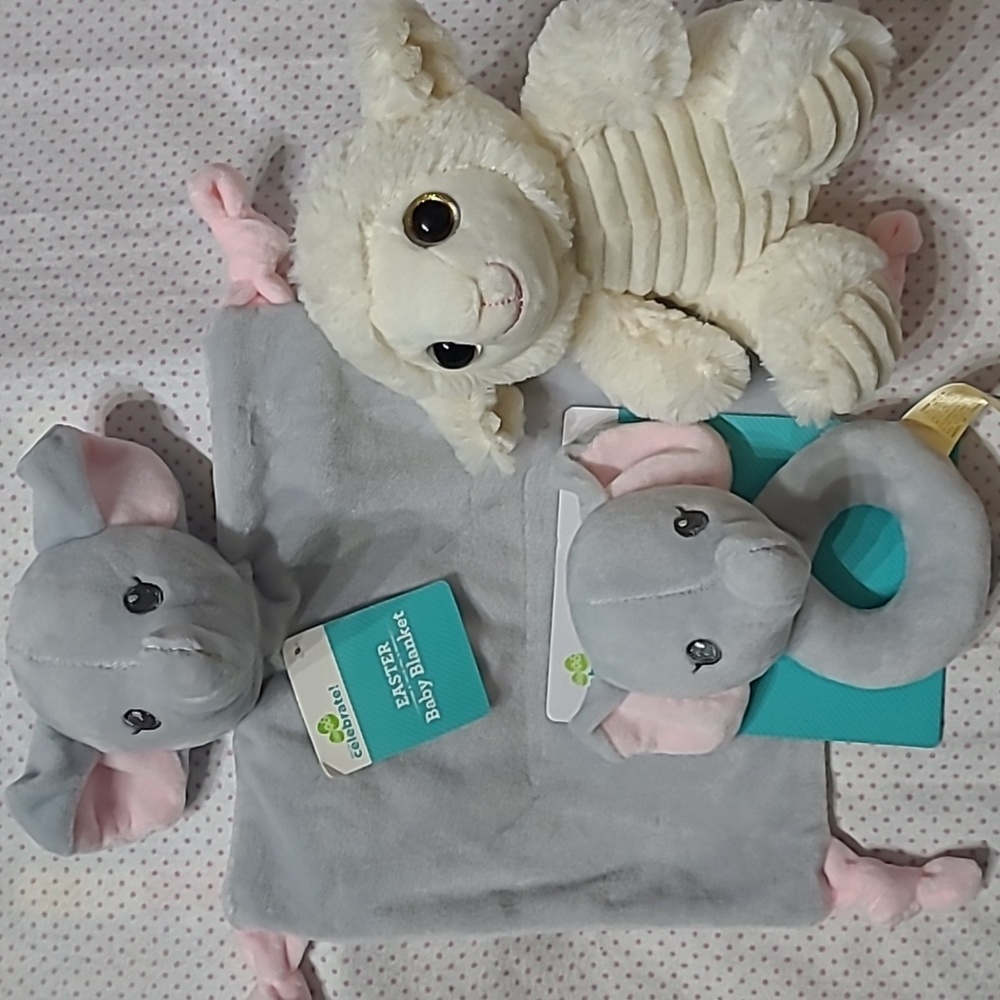 Baby Hand held elephant. 7to 8 "long, Baby rattle, baby stuff lamb.